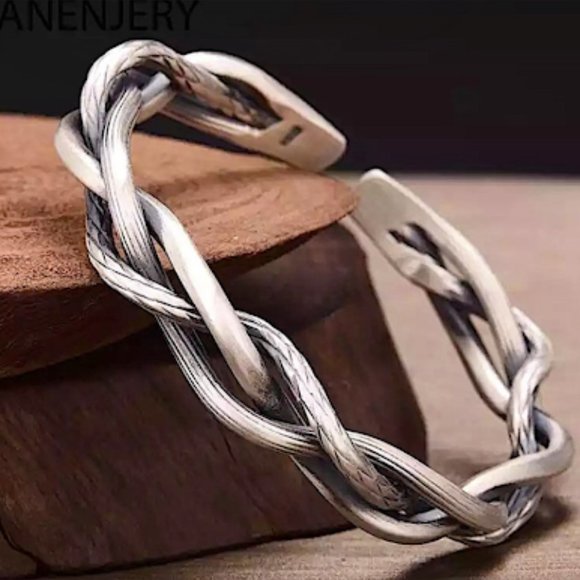 STERLING SILVER BRAIDED UNISEX BANGLE BRACELET - Picture 7 of 10